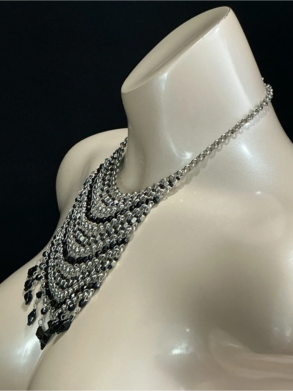 Elegant Black Beaded Chain Link Layered Fringe Statement Necklace Women Jewelry